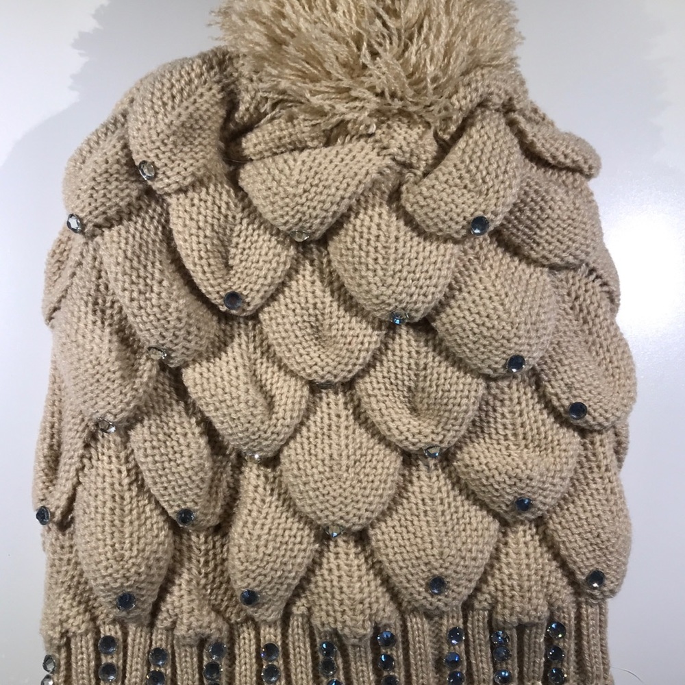 BRAND NEW bejeweled tan beanie with puff ball!!